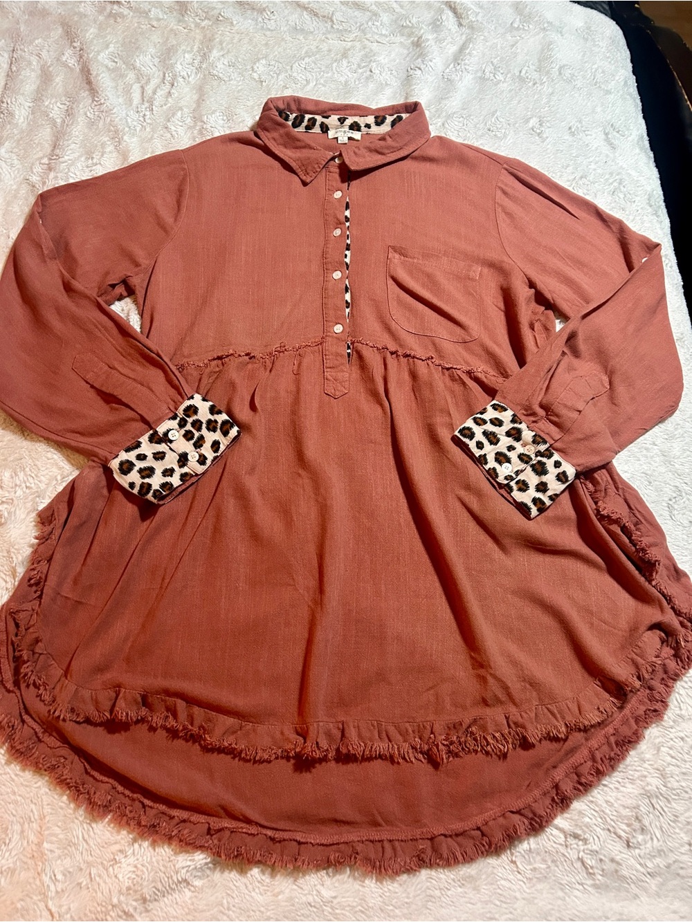 Umgee Terracotta Button-Front Tunic with Leopard Animal Print Trim